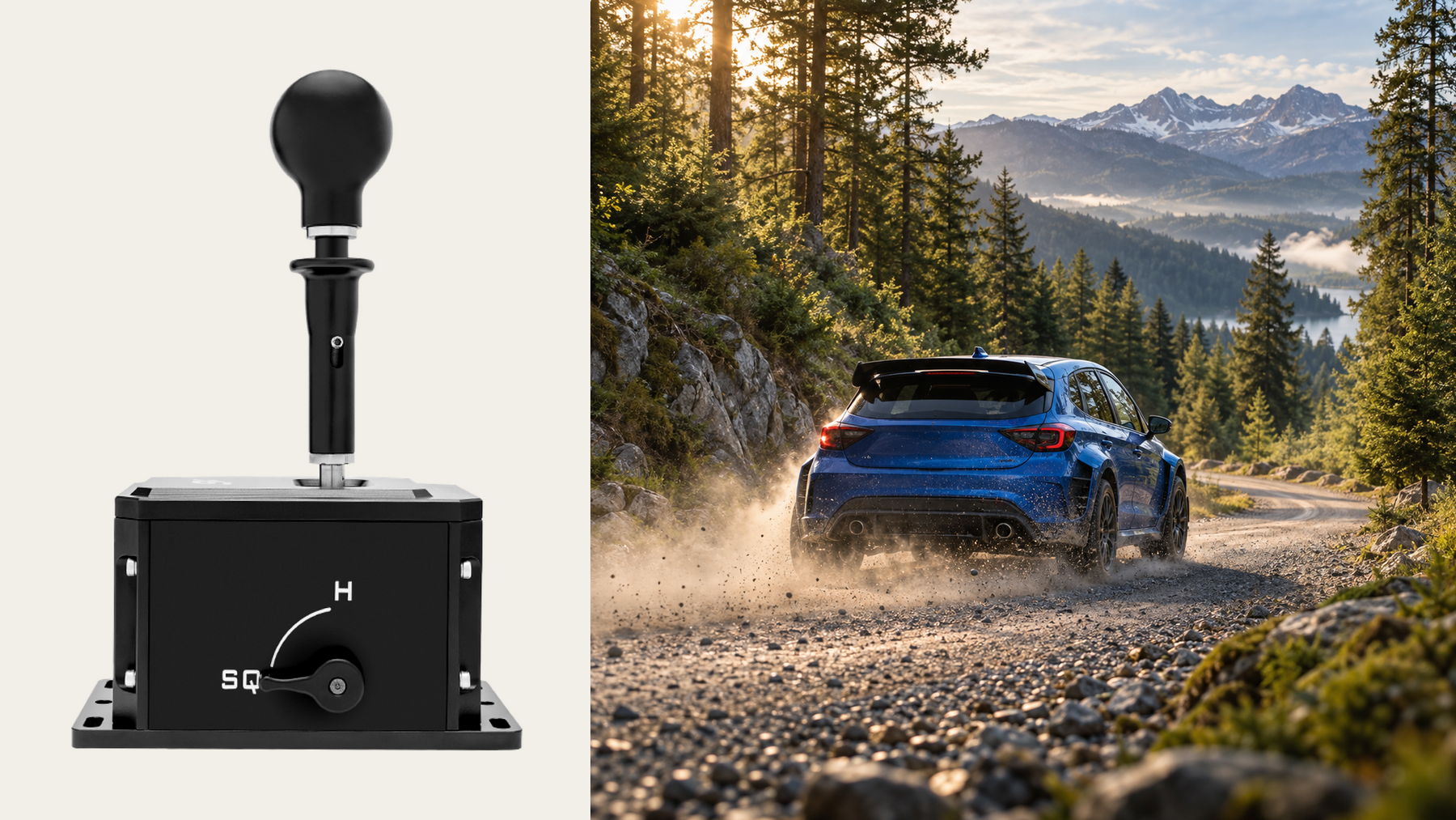 Original Simagic DS-8X shifter displayed separately beside an illustrative forest rally scene.
