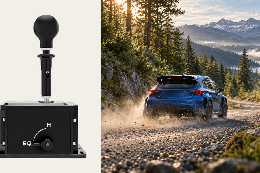 Original Simagic DS-8X shifter displayed separately beside an illustrative forest rally scene.