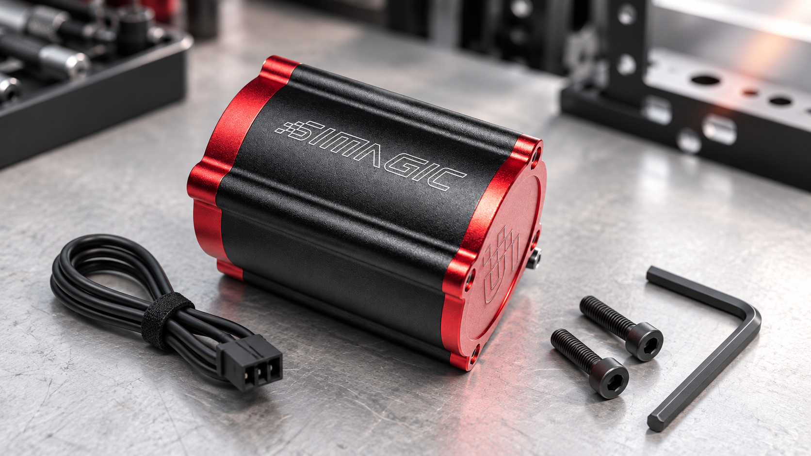 Simagic P-HPR haptic reactor and neatly arranged mounting hardware on a light workshop surface.