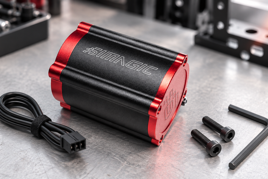 Simagic P-HPR haptic reactor and neatly arranged mounting hardware on a light workshop surface.