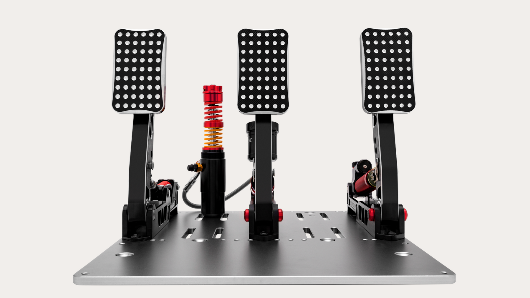 Original Simagic P2000 hydraulic pedals with their complete baseplate and hydraulic assembly.