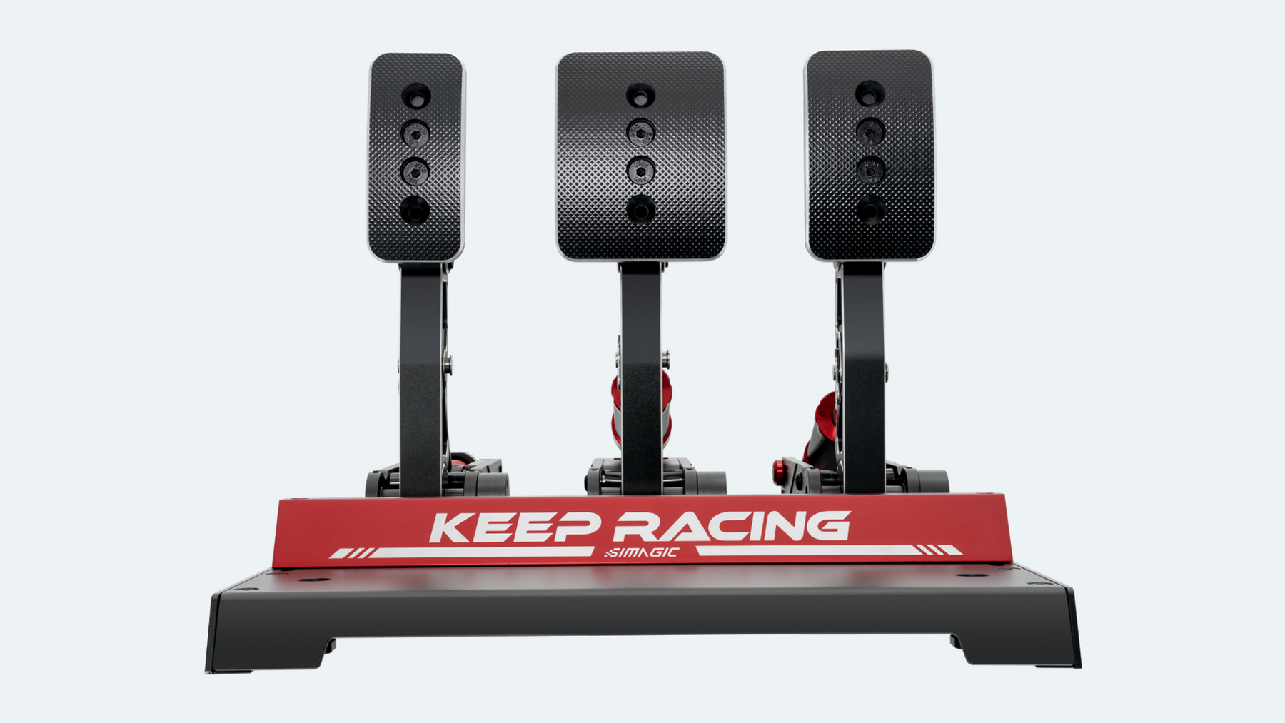 Original Simagic P1000 pedal set with textured pedal faces and red heel plate.