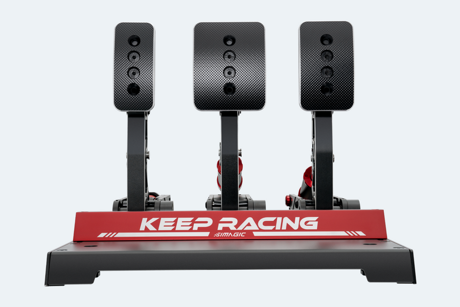 Original Simagic P1000 pedal set with textured pedal faces and red heel plate.
