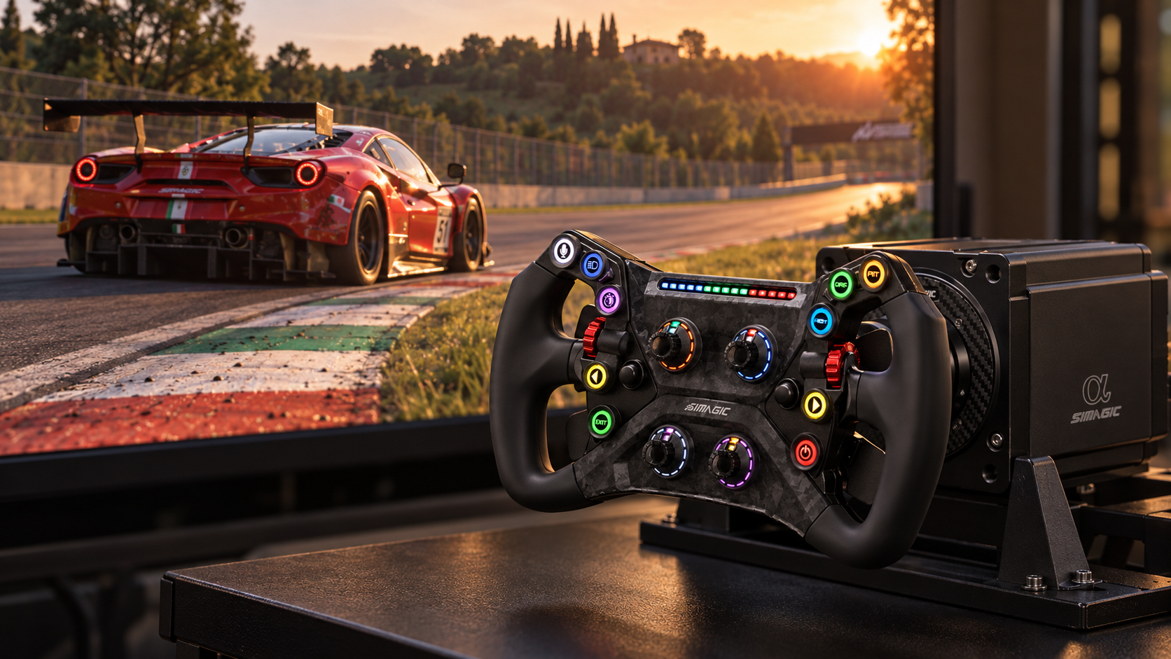 Simagic GT Neo and Alpha wheelbase beside a screen showing a GT3 car crossing circuit kerbs.