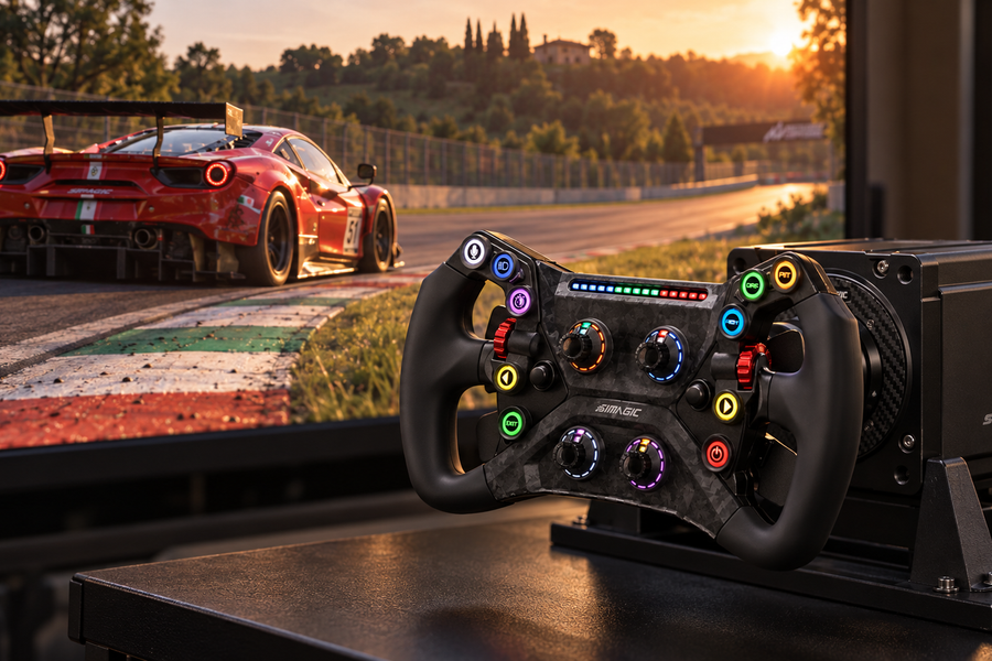 Simagic GT Neo and Alpha wheelbase beside a screen showing a GT3 car crossing circuit kerbs.
