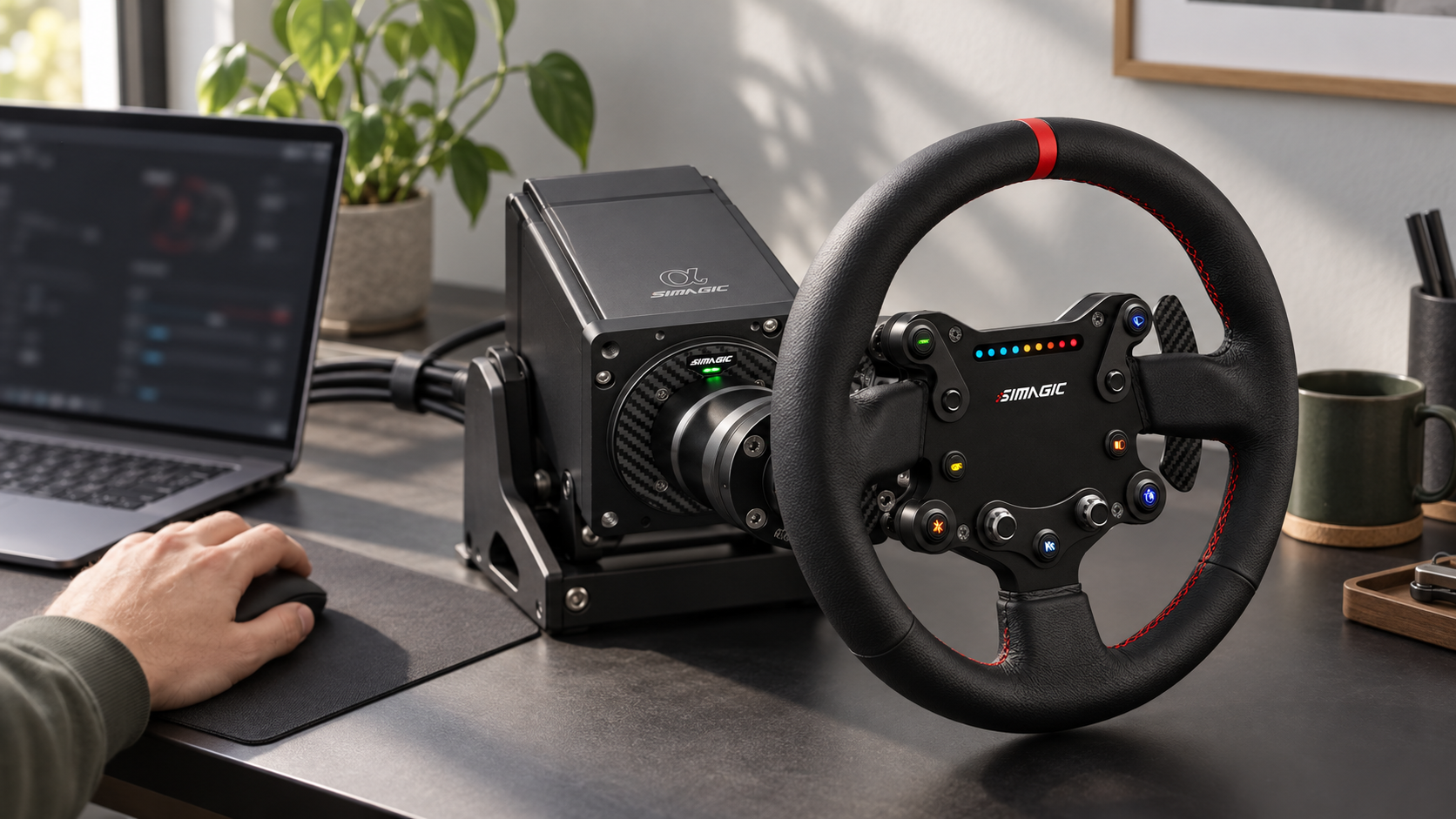 Original Simagic Alpha base and round GTS wheel on a tidy tuning desk beside a softly blurred laptop.