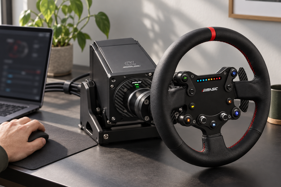 Original Simagic Alpha base and round GTS wheel on a tidy tuning desk beside a softly blurred laptop.