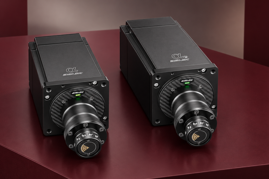 Simagic Alpha and longer Alpha U direct-drive wheelbases photographed together on a dark red display surface.