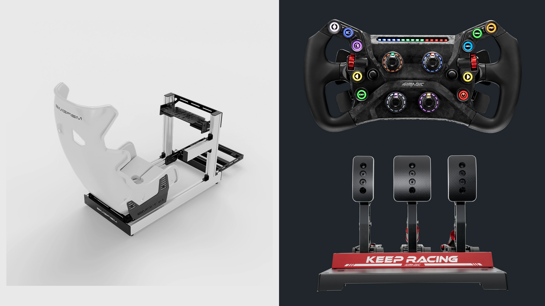 Original white SIMGASM Club cockpit and Atlas GT seat displayed beside separate Simagic GT Neo and P1000 products.
