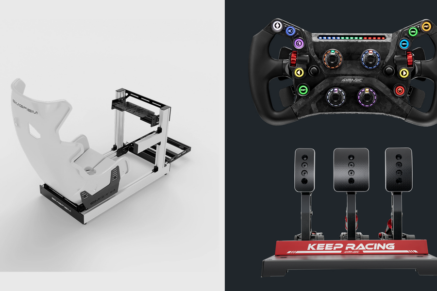 Original white SIMGASM Club cockpit and Atlas GT seat displayed beside separate Simagic GT Neo and P1000 products.