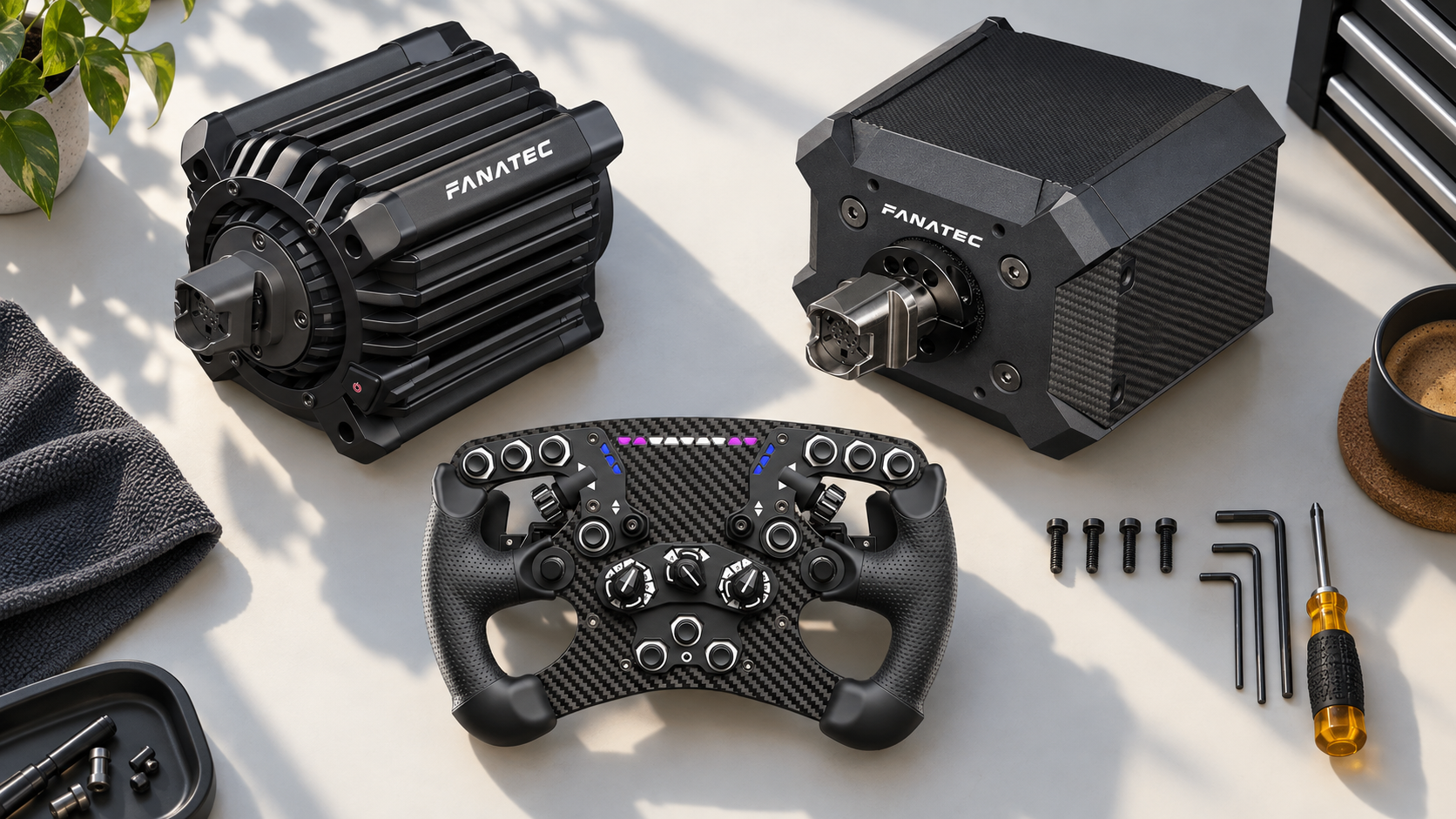 Fanatec ClubSport DD, Podium DD2 and a formula steering wheel arranged for a planned hardware upgrade.