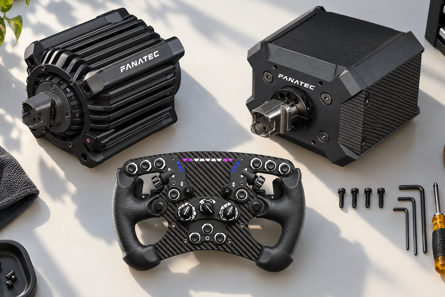 Fanatec ClubSport DD, Podium DD2 and a formula steering wheel arranged for a planned hardware upgrade.
