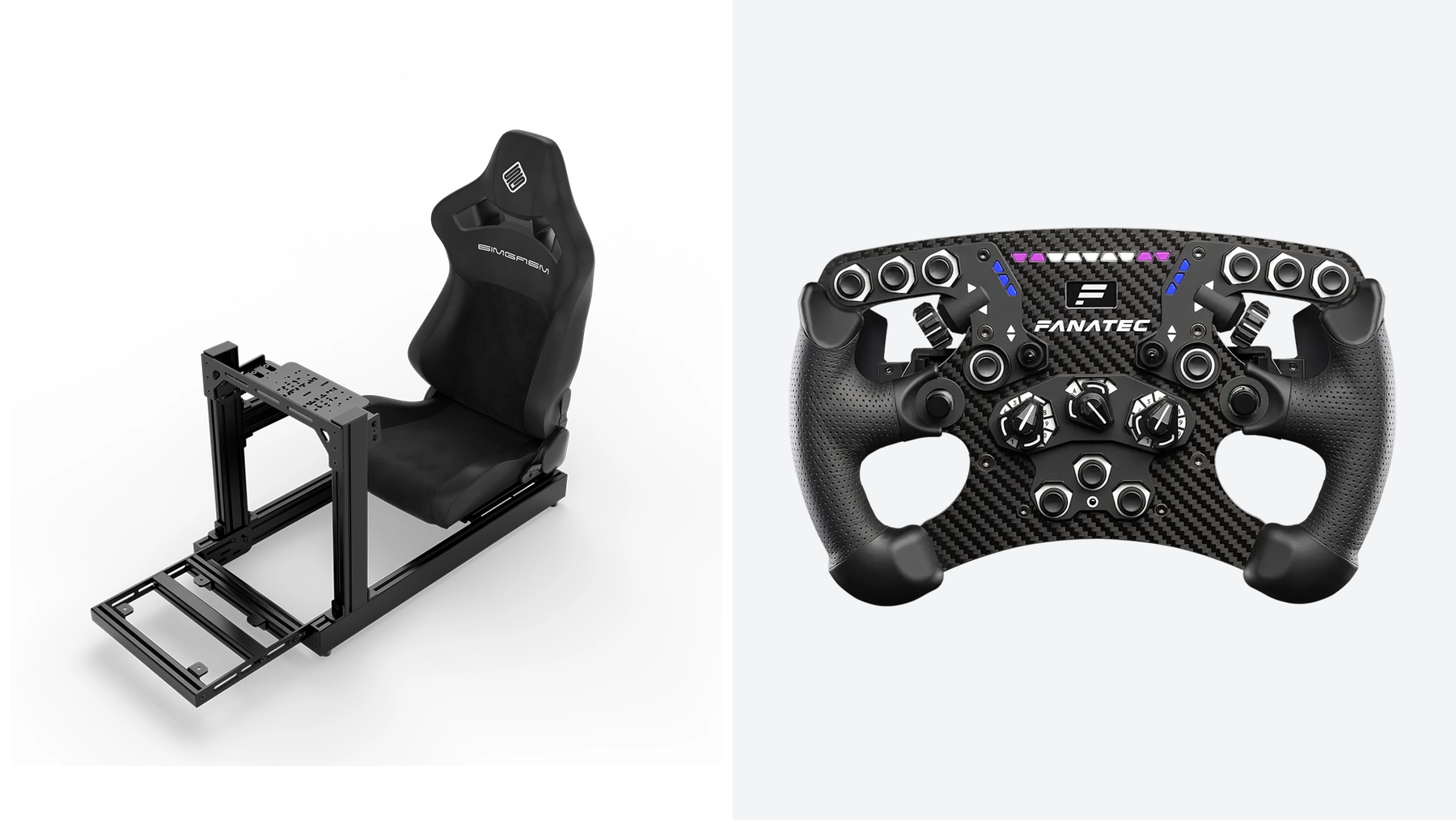 Original SIMGASM Club cockpit and Fanatec Formula steering wheel shown separately for a force feedback setup guide.