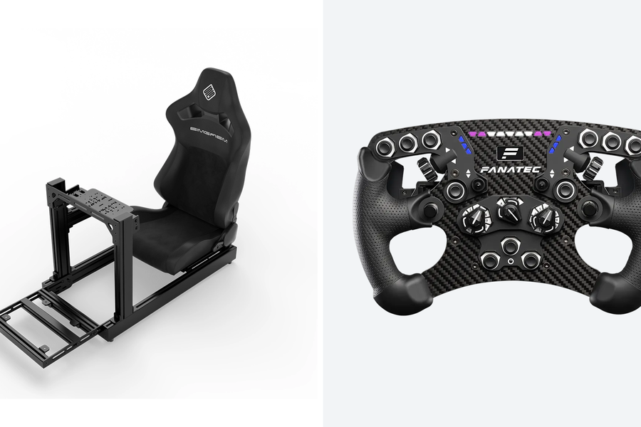 Original SIMGASM Club cockpit and Fanatec Formula steering wheel shown separately for a force feedback setup guide.