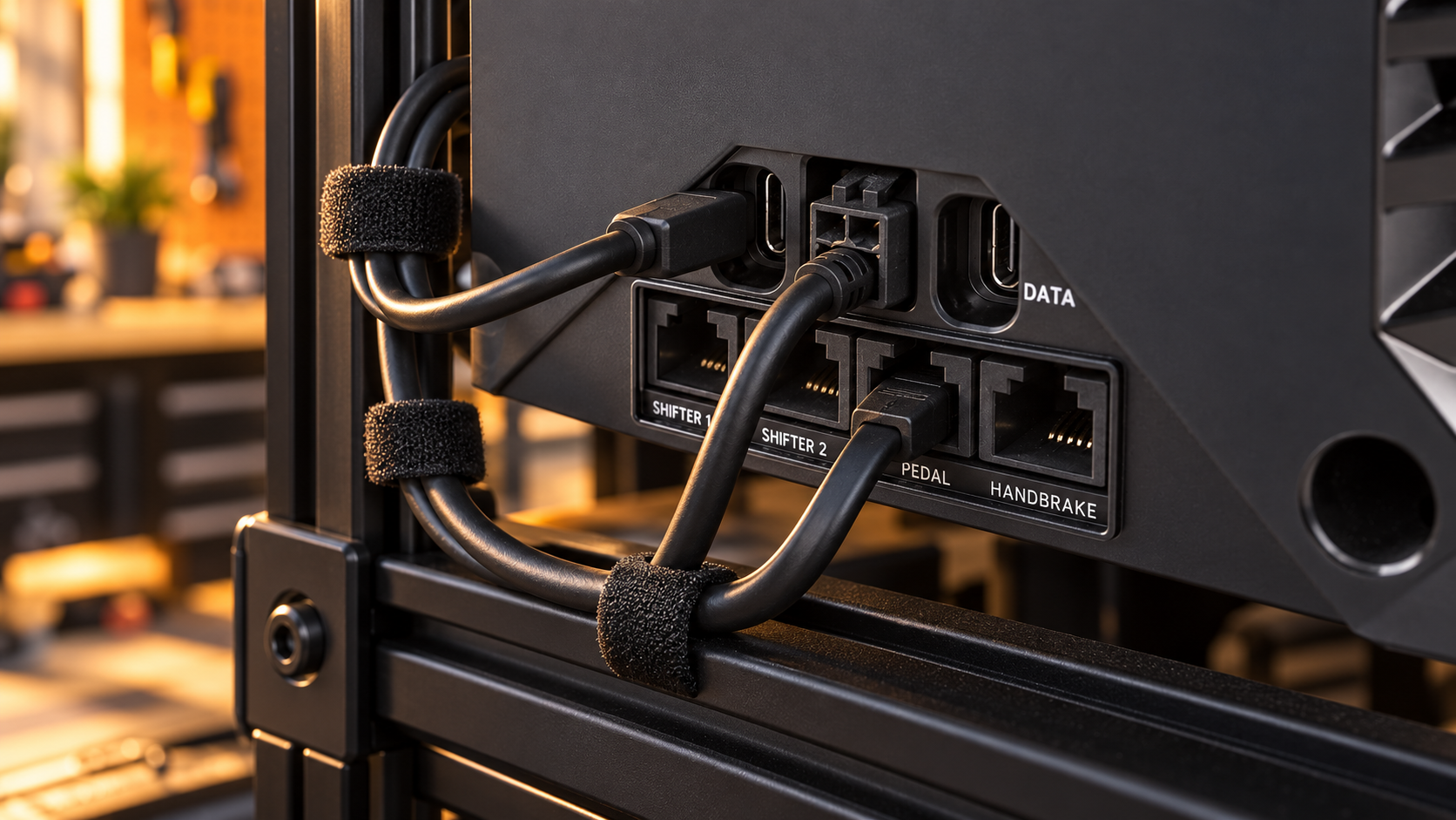 Neatly secured USB, power and pedal cables with service loops behind a Fanatec wheelbase.