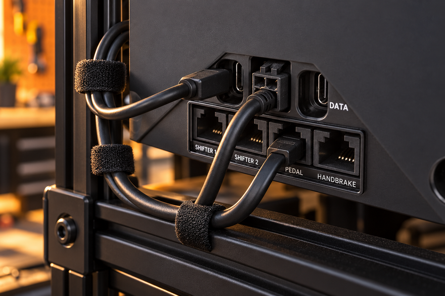 Neatly secured USB, power and pedal cables with service loops behind a Fanatec wheelbase.