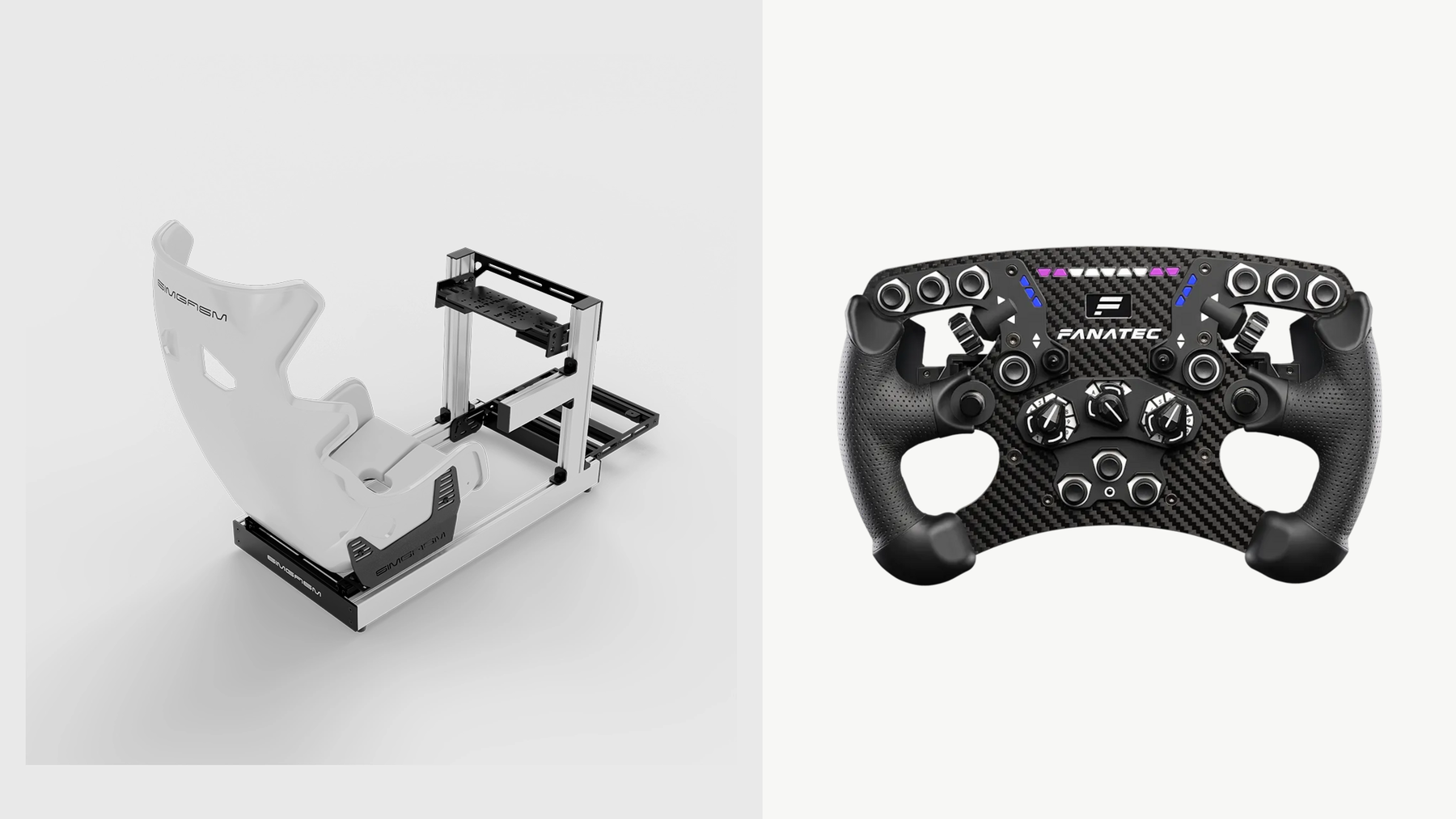 Original white SIMGASM Club cockpit with Atlas seat, beside a separate Fanatec Formula steering wheel with its controls visible.