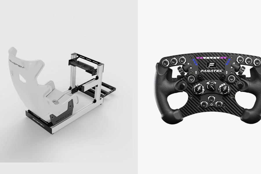 Original white SIMGASM Club cockpit with Atlas seat, beside a separate Fanatec Formula steering wheel with its controls visible.