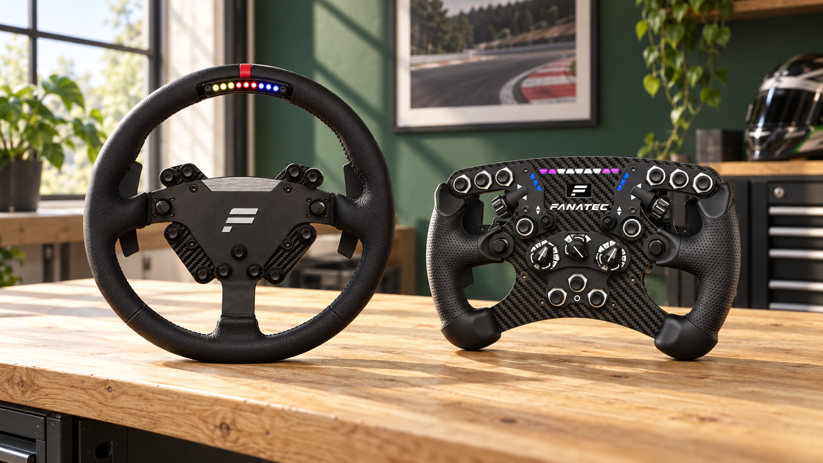 Round Fanatec ClubSport RS and formula-style steering wheels displayed side by side on an oak workbench.