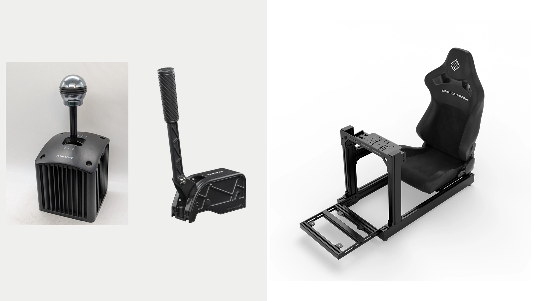 Original Fanatec shifter and handbrake product photos displayed separately beside an original SIMGASM Club cockpit.
