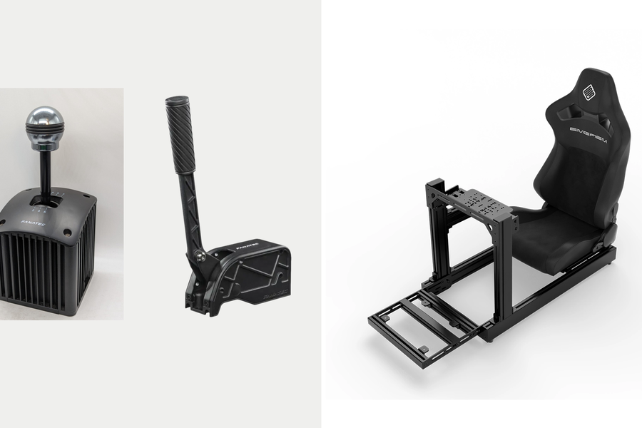 Original Fanatec shifter and handbrake product photos displayed separately beside an original SIMGASM Club cockpit.