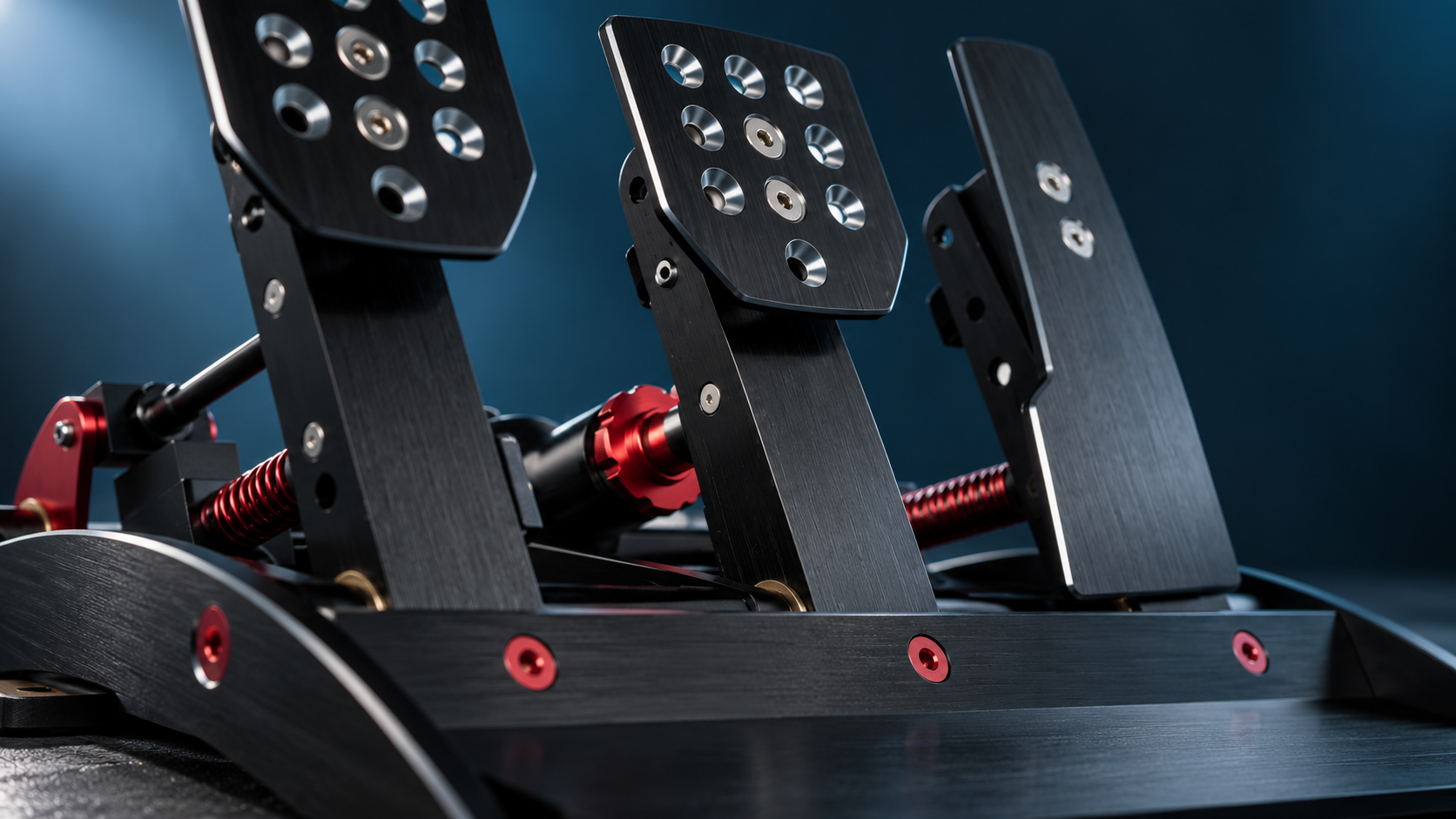 Close-up of the brake arm and red resistance adjuster on Fanatec ClubSport V3 pedals.