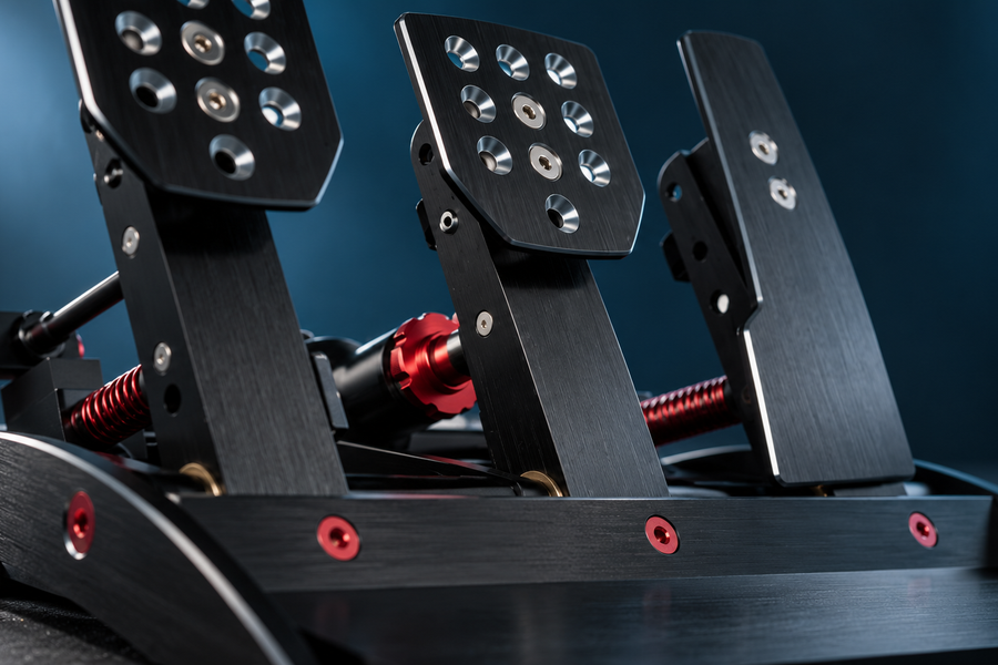 Close-up of the brake arm and red resistance adjuster on Fanatec ClubSport V3 pedals.