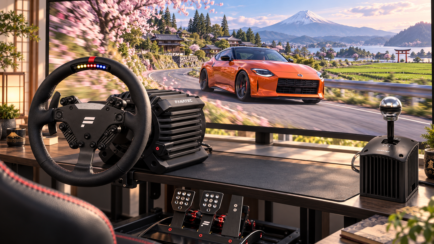 Fanatec wheel, shifter and pedals in front of an imagined Japanese driving scene with an orange Nissan Z.