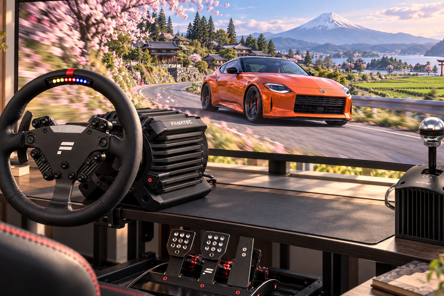 Fanatec wheel, shifter and pedals in front of an imagined Japanese driving scene with an orange Nissan Z.