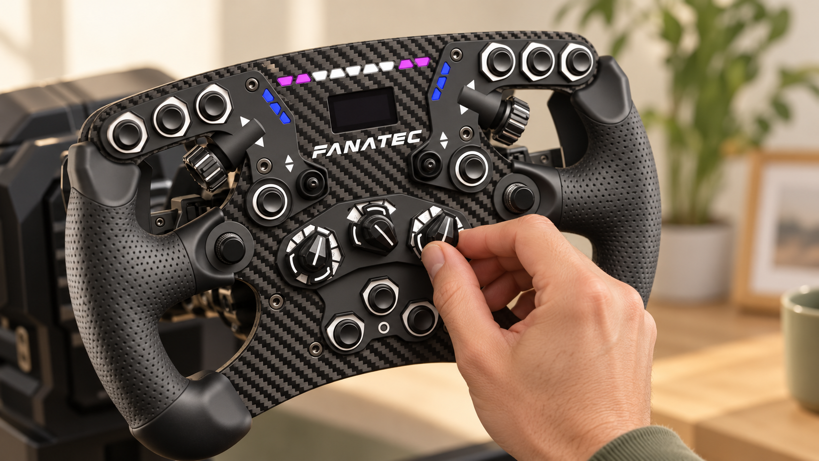 A hand adjusts a rotary dial on a Fanatec Formula steering wheel in a bright sim racing studio.