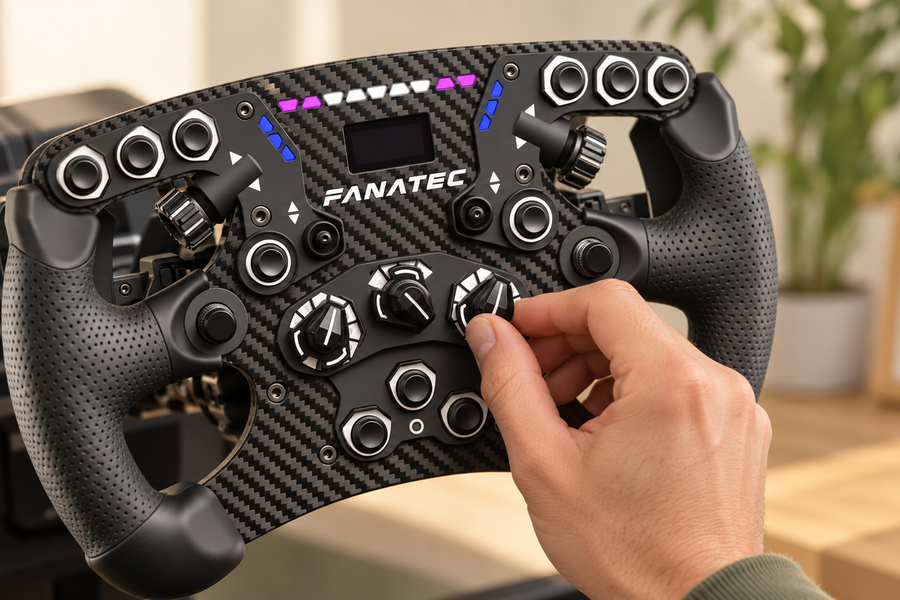 A hand adjusts a rotary dial on a Fanatec Formula steering wheel in a bright sim racing studio.
