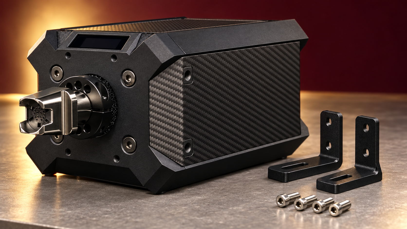 Fanatec Podium DD2 wheelbase with its side mounting points visible beside mounting brackets and fasteners.