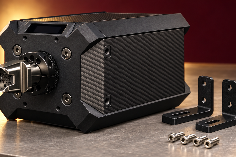 Fanatec Podium DD2 wheelbase with its side mounting points visible beside mounting brackets and fasteners.
