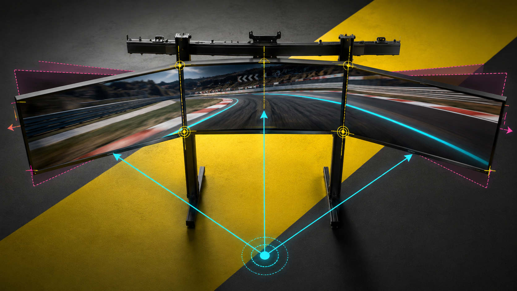 SIMGASM Apex triple monitor stand with angle, bezel and eye-point alignment guides