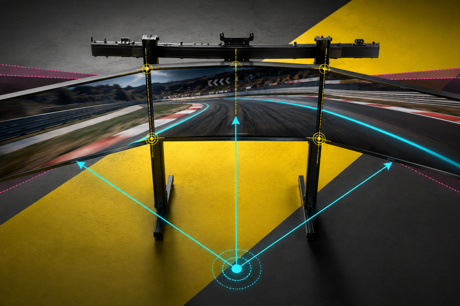 SIMGASM Apex triple monitor stand with angle, bezel and eye-point alignment guides