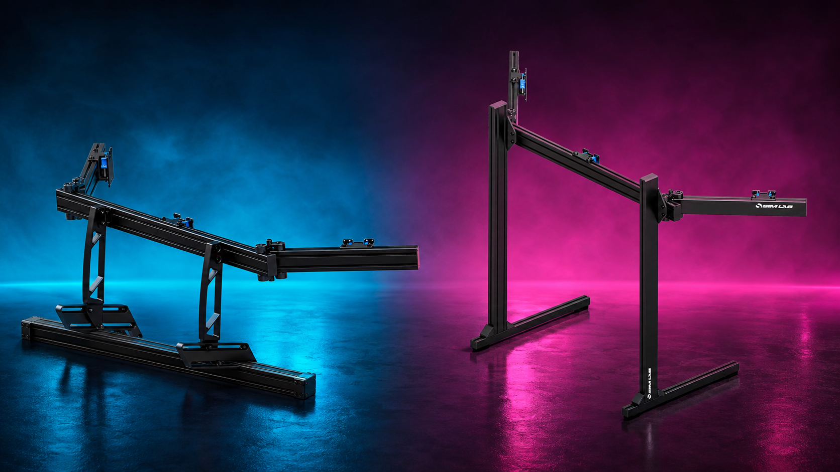Integrated and freestanding Sim-Lab monitor mounts compared in a split studio scene