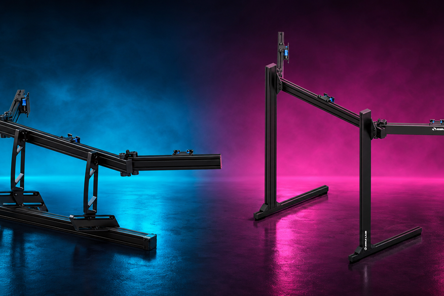 Integrated and freestanding Sim-Lab monitor mounts compared in a split studio scene