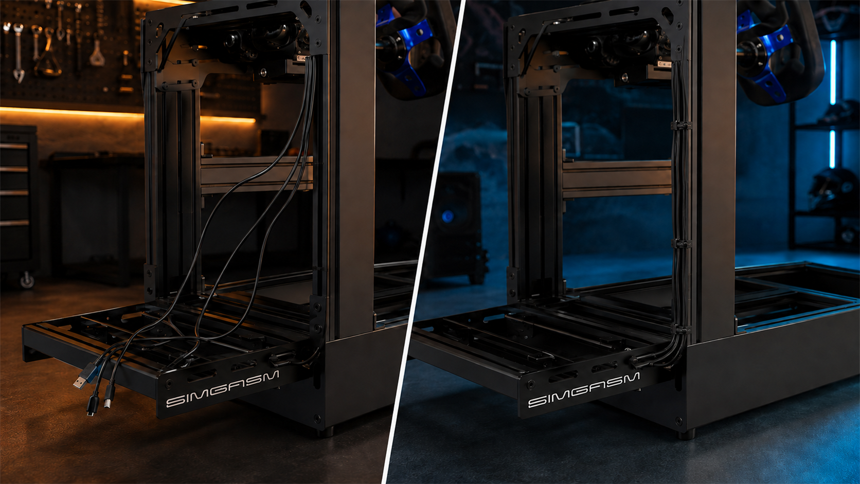 Before and after cable management on a SIMGASM aluminium profile sim racing rig