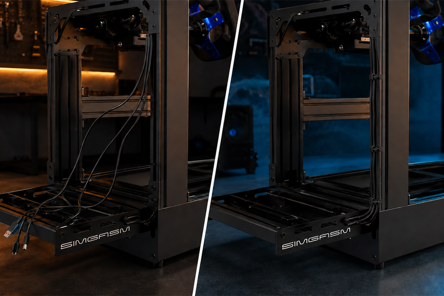 Before and after cable management on a SIMGASM aluminium profile sim racing rig