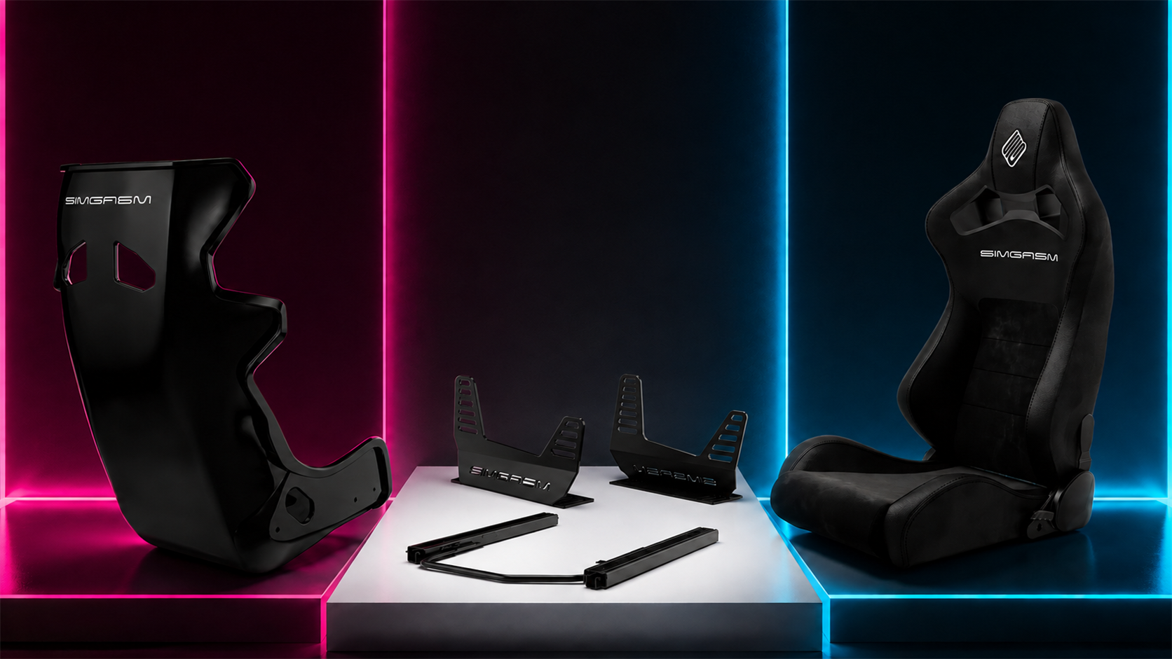 Bucket and reclining sim racing seats with brackets and seat slider hardware