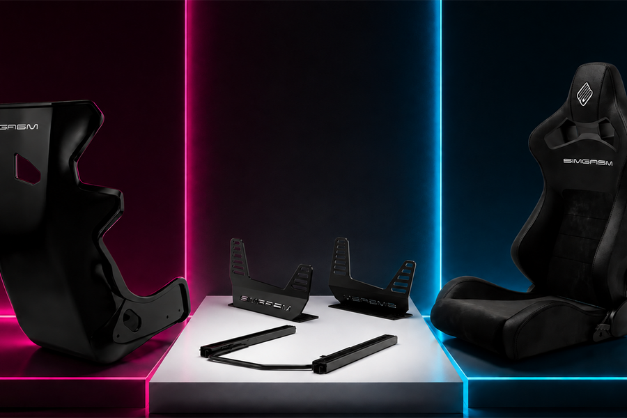 Bucket and reclining sim racing seats with brackets and seat slider hardware