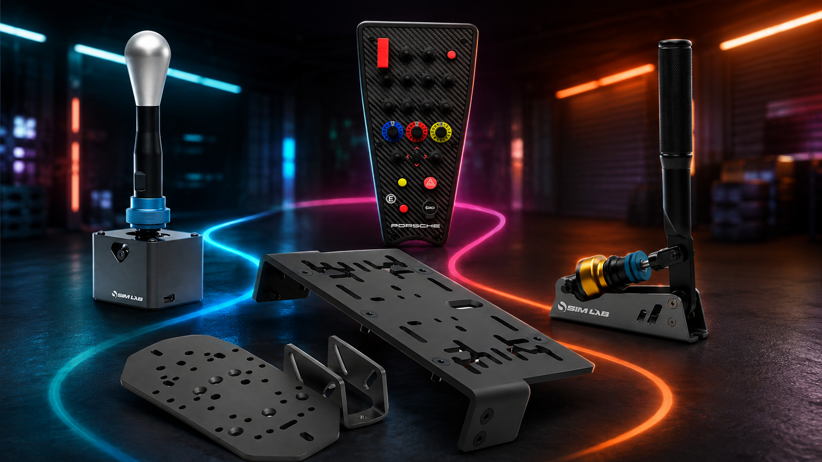 Sim racing shifter, handbrake, button box and mounting plates in a control station