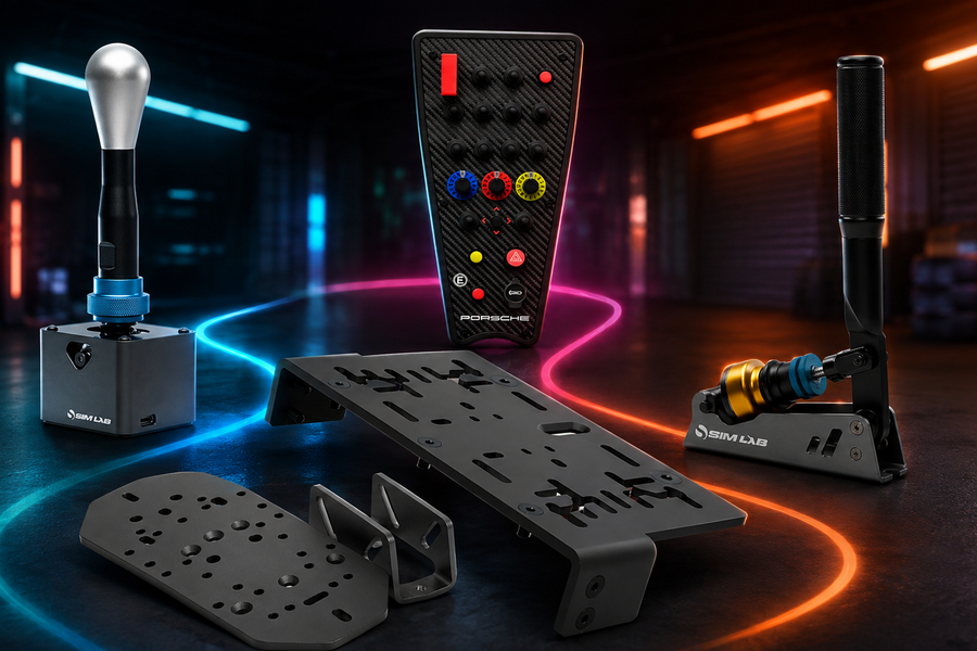Sim racing shifter, handbrake, button box and mounting plates in a control station