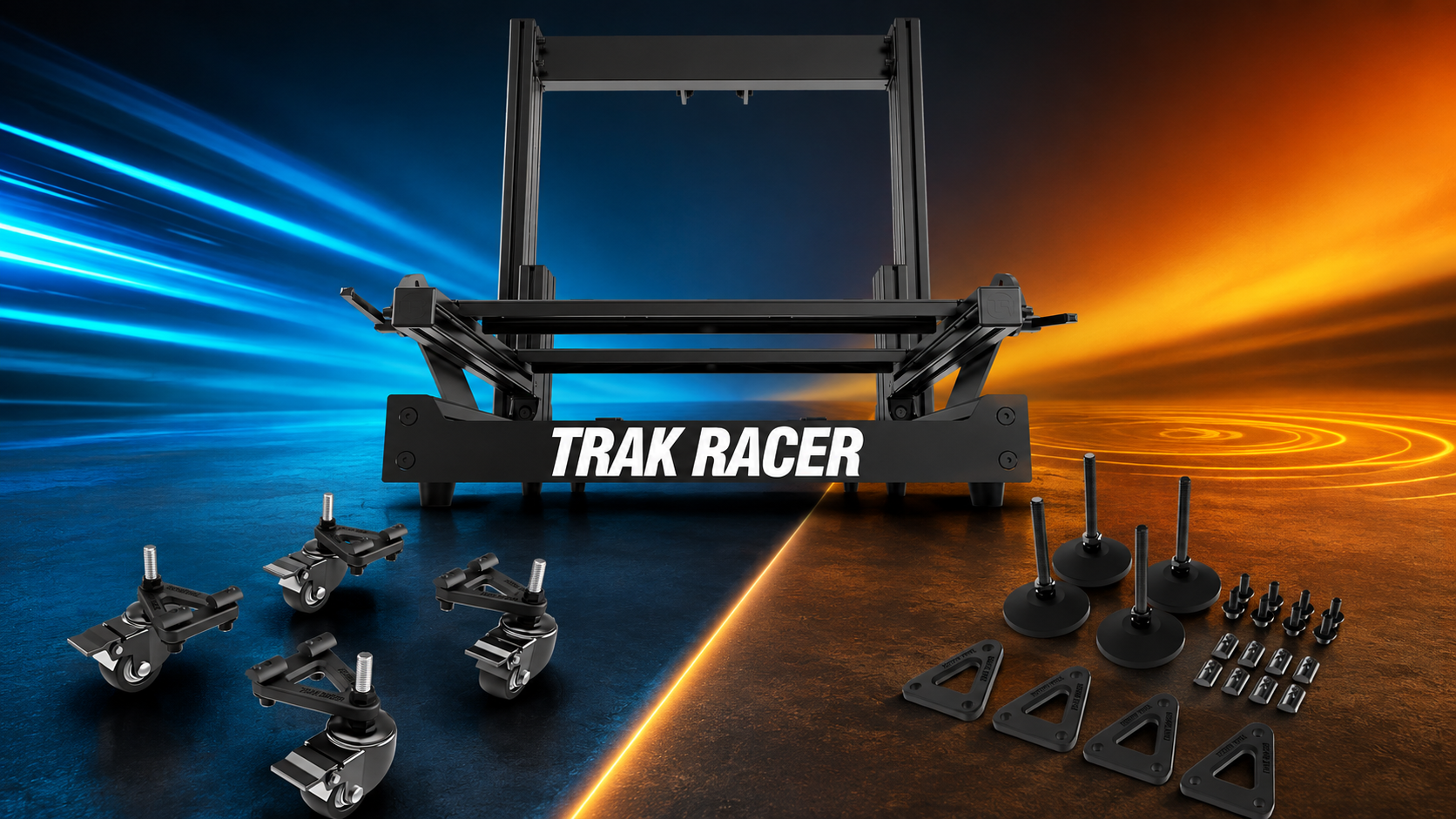 Trak Racer caster wheels and fixed feet beside an aluminium profile sim racing cockpit