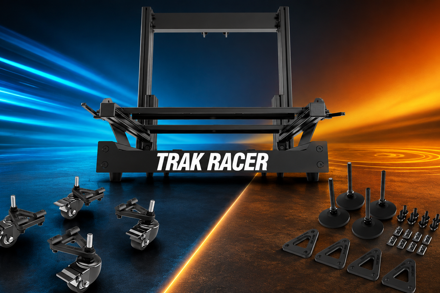 Trak Racer caster wheels and fixed feet beside an aluminium profile sim racing cockpit