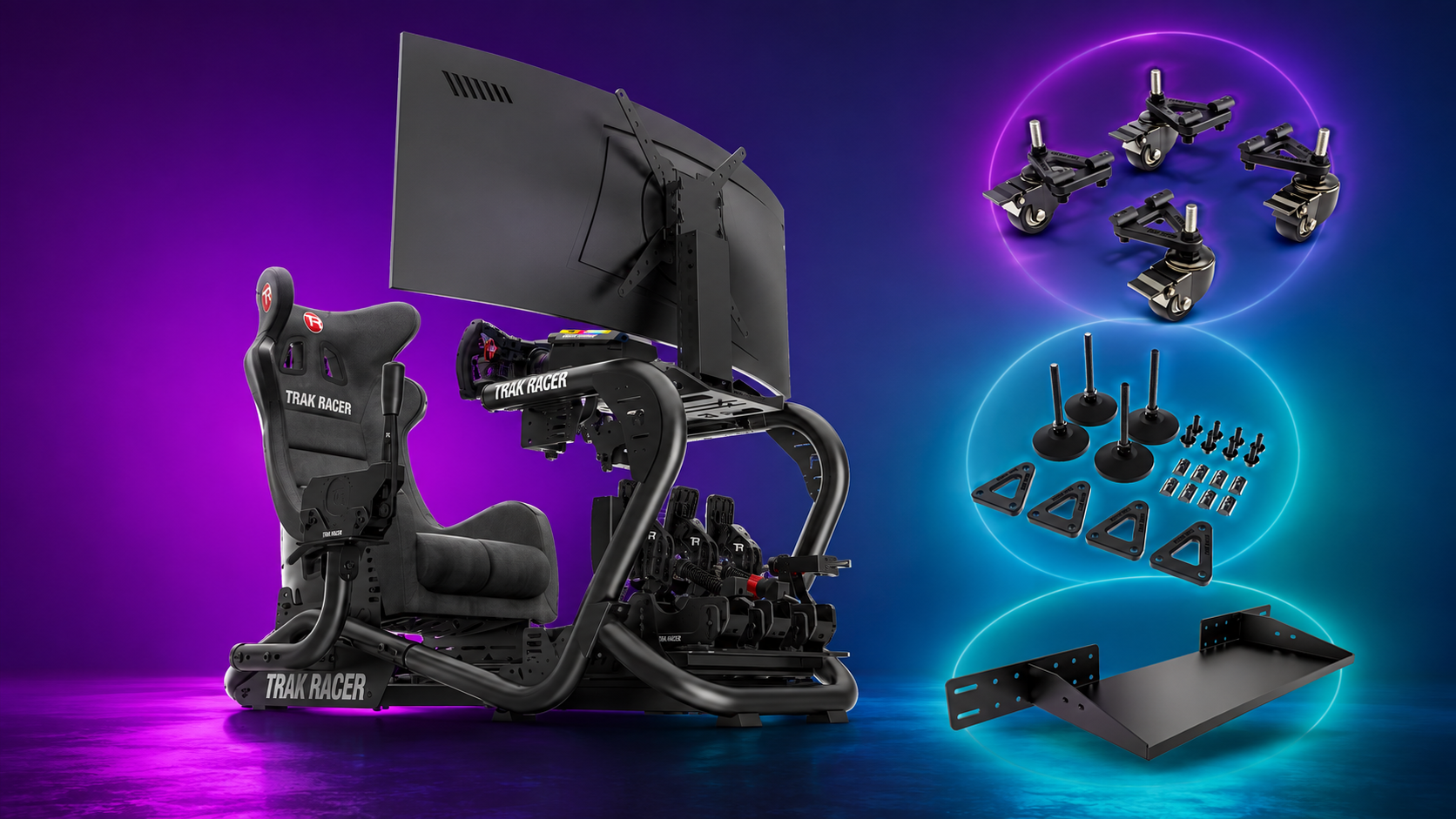 Trak Racer cockpit with modular sim racing accessories and add-ons
