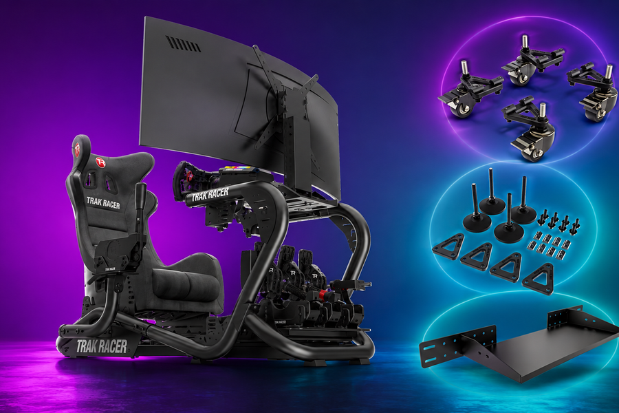 Trak Racer cockpit with modular sim racing accessories and add-ons