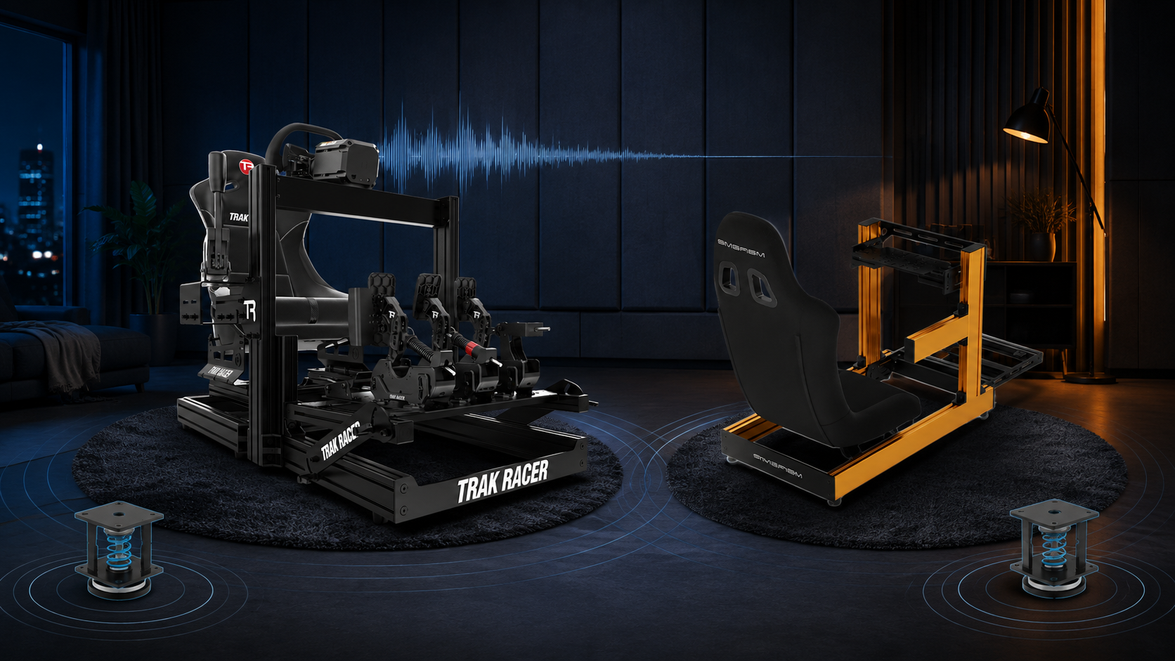 Trak Racer and SIMGASM aluminium profile cockpits in a quiet vibration-controlled room