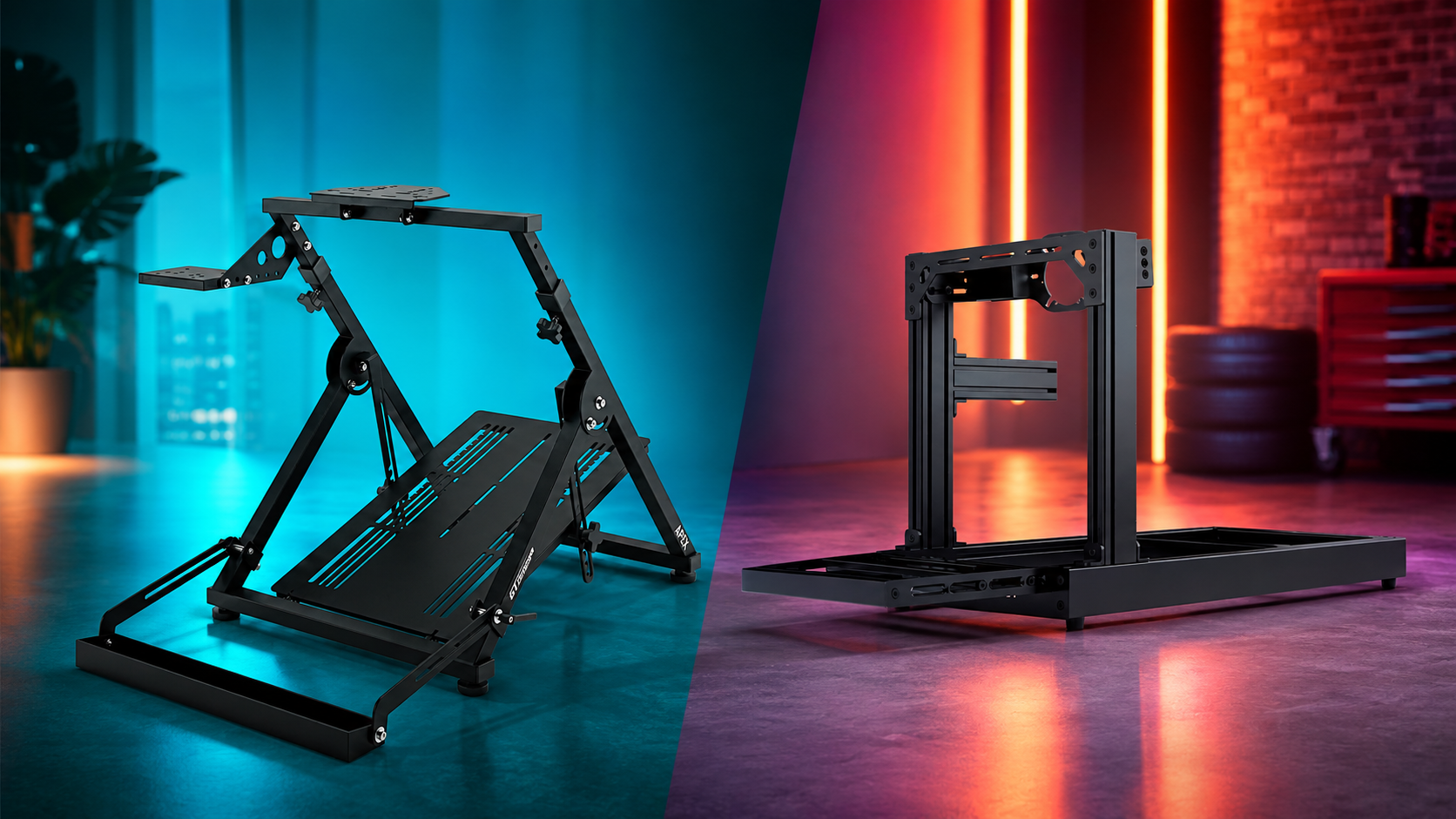 GT Omega Apex wheel stand compared with a full aluminium profile sim racing cockpit