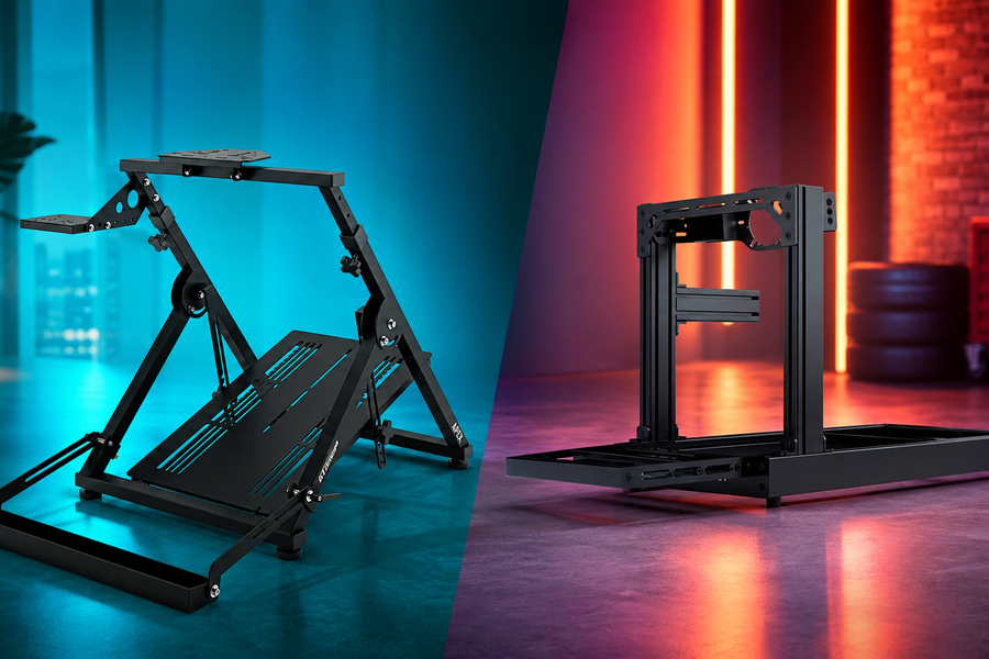 GT Omega Apex wheel stand compared with a full aluminium profile sim racing cockpit